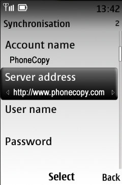 Type http://www.phonecopy.com/sync into the server address field