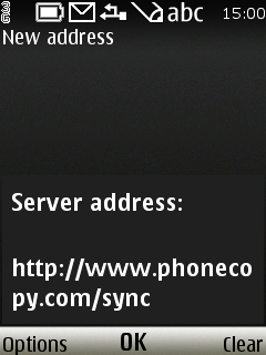 Type http://www.phonecopy.com/sync into the server address field